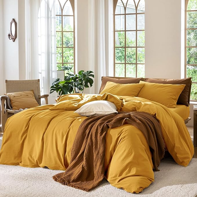 MooMee Bedding Duvet Cover Set 100% Washed Cotton Linen Like Textured Breathable Durable Soft Comfy (Solid Yellow, Twin 68"x90")