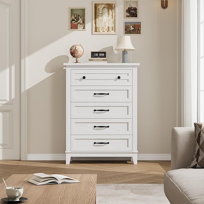 GarveeHome 5 Dresser for Bedroom, 41.3 in Tall Vertical Drawer Dresser with Large Storage, Freestanding Wooden Closet Chest for Bedroom, Living Room, White