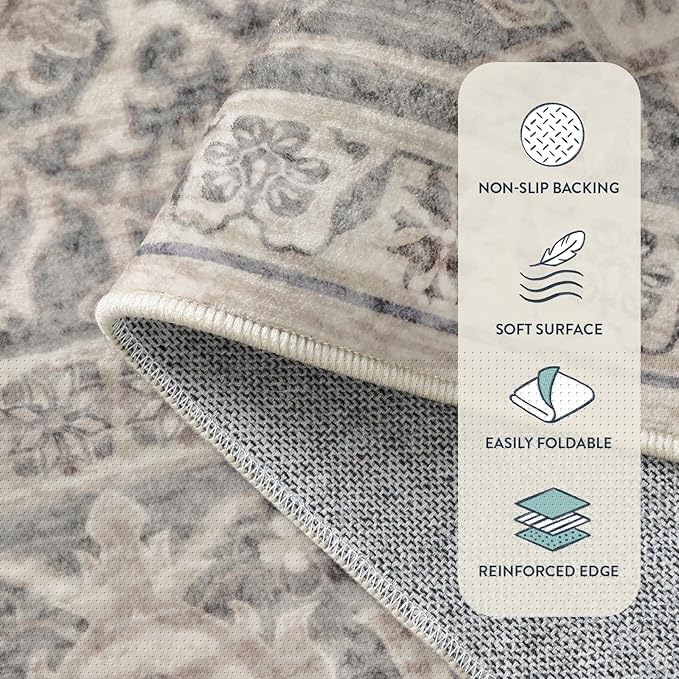 Lahome Oriental Washable Runner Rug Non Slip, 2x7 Rug Runners for Hallways Kitchen, Ultra-Thin Hallway Rugs for Laundry Room Bathroom Bedroom, Grey/Brown