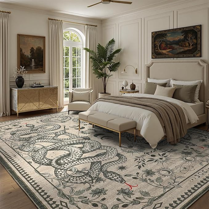 DCX Washable 8x10 Snake Rug, Beige Gothic Rug for Living Room, Soft Low Pile Carpet, Kid & Pet Friendly with Rubber Back Non Slip, Stain Resistant Rug for Bedroom Dining Room Office