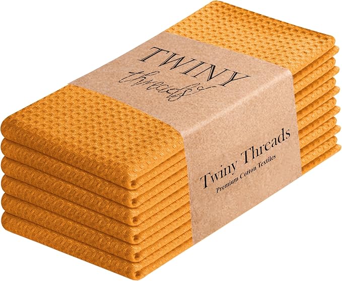 TWINY threads Kitchen Towels Set of 6, 100% Cotton Waffle Weave Easter Dish Towels, Tea Towels with Hanging Loop, Washable Bar Towels for Table Cleaning, Dinning, Parties- 16"X 26"-Mustard Yellow