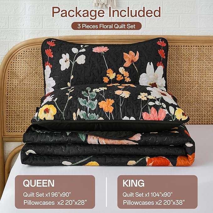 Anibedding Black Quilt Set Queen Size, Colorful Floral Bedspread with 2 Pillowcases, Soft Microfiber Lightweight Coverlet Bedding Set for All Season(96"x90")