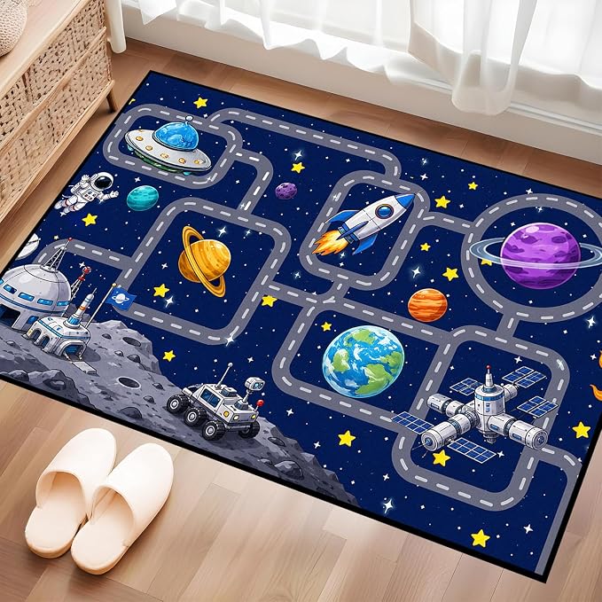 Outer Space Rug Astronaut Road Map Area Rug for Entryway Bedroom Living Room Nursery Kitchen Playroom Home Decor Washable Educational Floor Mat Galaxy Themed Carpet,2'x3'