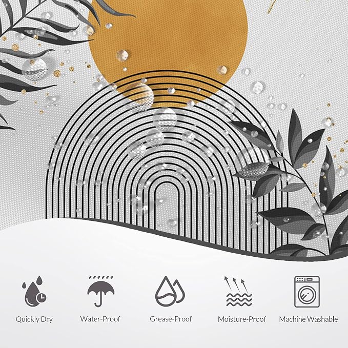 Boho Mid Century Shower Curtain, Orange Blue Modern Minimalist Abstract Geometric Gold Plant Leaves Arch Bathroom Curtains Waterproof Fabric Buthtub Curtain Set with Hooks 72" Wx72 L