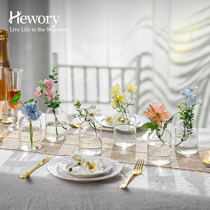 Hewory Glass Bud Vases for Centerpieces: Set of 12 Blown Clear Small Vase Bulk, Mini Cute Flower Vase for Floral Arrangement, Modern Decorations for Wedding Party Event Table Decor, 3.7"(H)×2.75"(D)