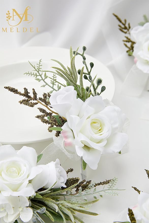 Meldel Boutonniere for Men Wedding, Set of 6, Elegant Artificial White Rose Boutonniere for Wedding Prom Homecoming Party, Perfect Accessories for Groom Best Man