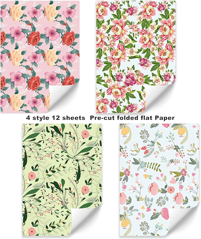 PlandRichW Floral Wrapping Paper Folded Sheets for Women Girls Baby, 12 Sheets Recycled Gift Wrapping Paper for Wedding, Birthday, Mother's Day, Party, Baby Shower, Precut 20" X 29"