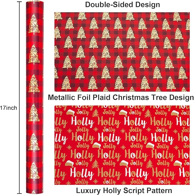 MAYPLUSS Christmas Wrapping Paper Roll, Red Plaid Wrapping Paper, Classic Red Christmas Tree and Plaid Gift Wrap with Metallic Foil Shine for Holiday Gift Packaging (17 Inch X 16.5 Feet)