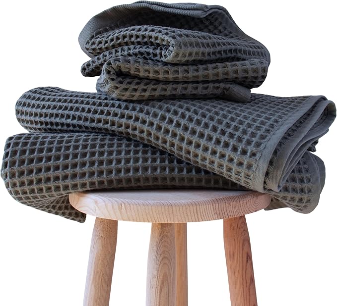PÜSKÜL 4-Piece Natural 100% Turkish Cotton Luxury Waffle Towels for Bathroom | Premium Honeycomb Weave 2 Hand Towel & 2 Bath Towel Set | Soft Absorbent Quick-Dry Lightweight Towels (anthracithe)