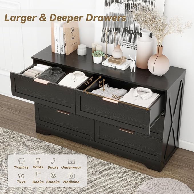 Modern 6 Drawer Dresser for Bedroom, Dresser Chest of Drawer with Large Drawers & Golden Handles, Wooden Dressers Drawer Storage Unit for Bedroom, Living Room, Closet (Black)