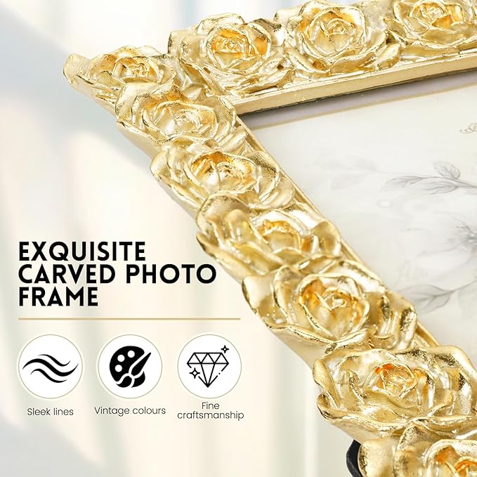Rose 4x6 Picture Frame, Gold Vintage Antique Picture Frames with Glass Front, Elegant Retro Carved Ornate Photo Frame, Resin Photo Frames for Tabletop or Wall Hanging, Vertical or Horizontal Photos Display