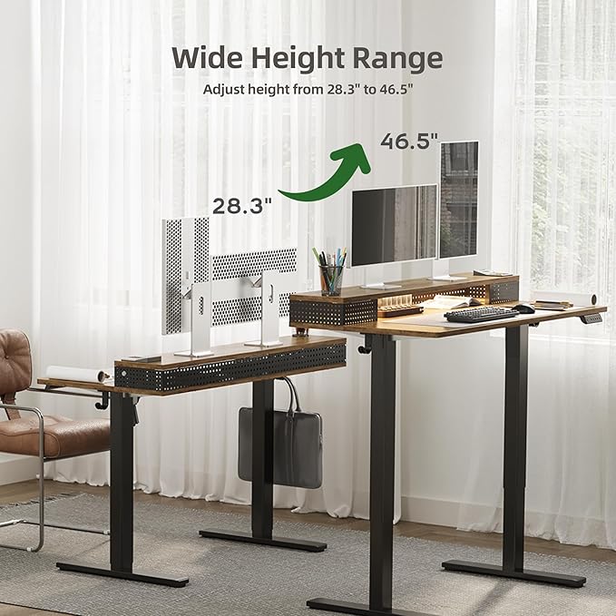 Claiks Electric Standing Desk with Shelf, 48 Inch Height Adjustable Standing Desk with LED Lights & Monitor Stand, Black Frame/Rustic Brown Top