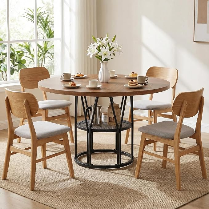 Garvee Round Dinning Table for 4-6 - 47" Circle Dinner Table with Storage Shelf & Sturdy Metal Frame, Modern Breakfast Tea Tray for Kitchen, Living Room, Apartment, Office, Brown