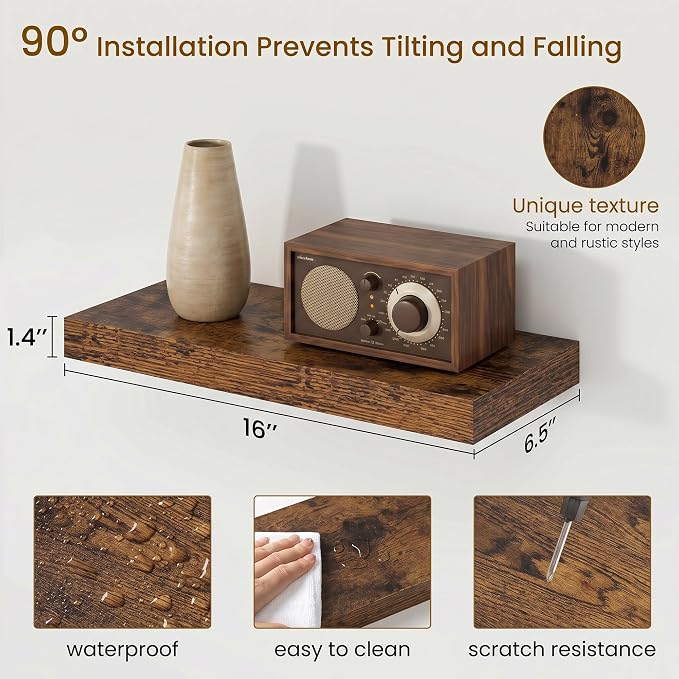 Dreamland Floating Shelves, Wall Mounted Shelves for Storage and Home Decor, Rustic Wood Shelves for Bathroom, Living Room, Bedroom and Kitchen, 16" x 6.7" Set of 2