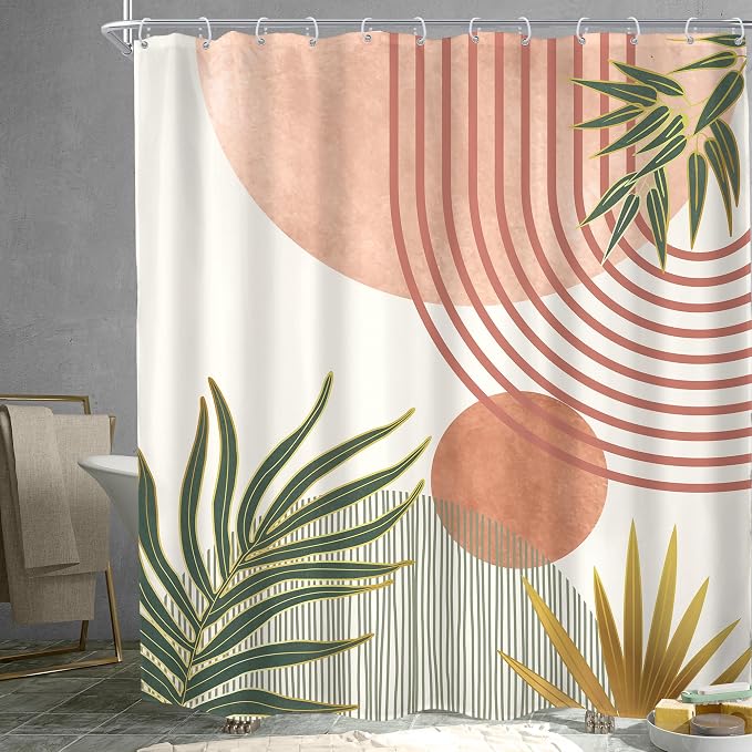 KOMLLEX Mid Century Pink Green Boho Shower Curtain for Bathroom Decor 72Wx78H Inches Abstract Modern Orange Gold Botanical Minimalist Arch Sun Fabric Waterproof Polyester 12 Pack Hooks Pack Hooks