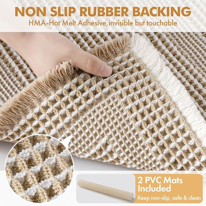 MIULEE Set of 2 Waffle Bathroom Rugs, Boho Bath Rug Super Absorbent, Non Slip Washable Ultra Soft Rubber Backed Beige Bath Mats for Floor, Tub, Shower, Looped Design, Brown & Cream, 17x24 Inch