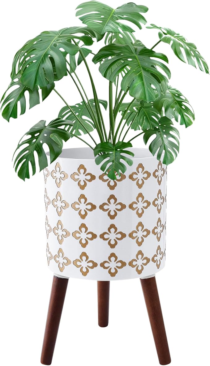 12 Inch Planter Pot with Stand, Planter for Indoor Plants, Modern Large Flower Planter Pot with Drainage Holes for Outdoor, White Gold Floral