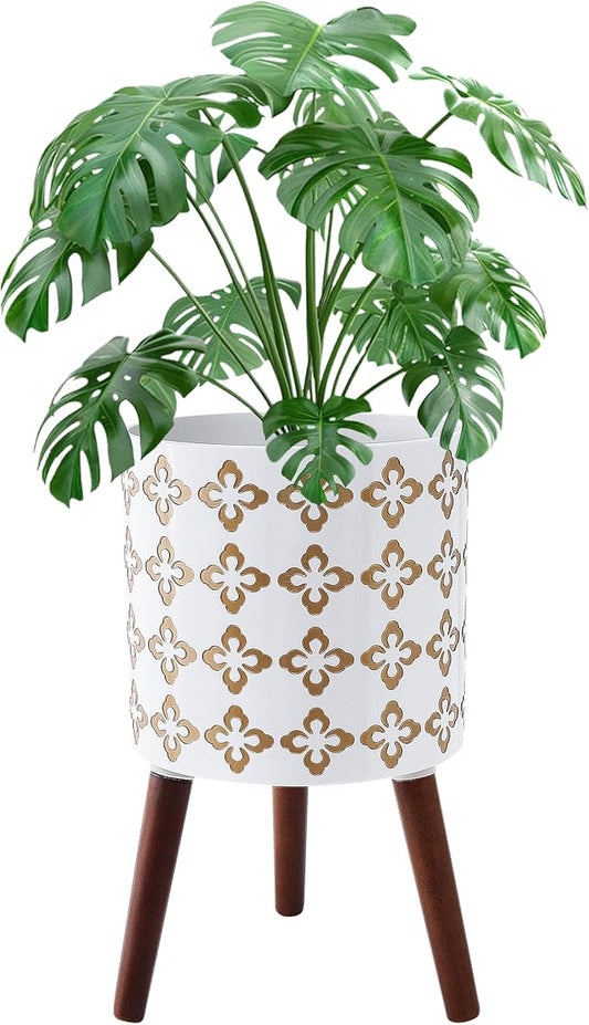 12 Inch Planter Pot with Stand, Planter for Indoor Plants, Modern Large Flower Planter Pot with Drainage Holes for Outdoor, White Gold Floral