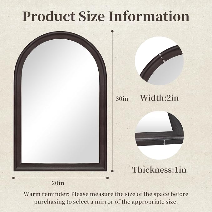 Tanmicoshomy Dark Brown Framed Arched Bathroom Mirror 20x30 Inch, Wall Mirrors with Tempered Glass for Living Room, Bedroom or Entryway