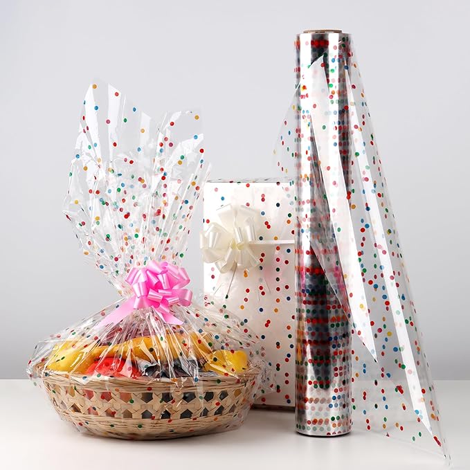 CMFYHM Extra Wide Clear Cellophane Wrap Roll(34" x 100’Ft) Multicolor Polka Dots Transparent Thicker Cellophane Roll, Cellophane Wrap for gift baskets, Flowers, Holiday,Christmas Decorations