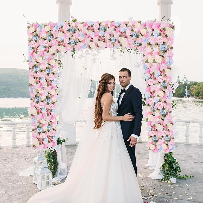 Flower Centerpieces for Tables - 2 Pack Wedding Arch Artificial Flowers Blue&Pink Arrangements Center Piece for Reception, Living Room, Kitchen, Dining Table Runner Decorations(20.5 * 9.4''/52 * 24cm)