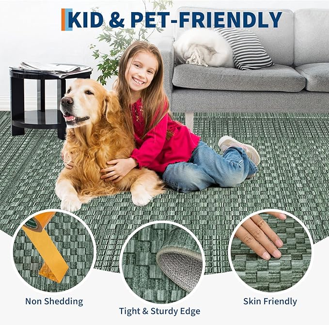 Washable Rug 9x12 Area Rug for Living Room Modern Bedroom Rug Checkered Green Plaid Large Area Rug Non Slip Throw Rugs Soft Low Pile Stain Resistant Carpet for Dining Room 9'x12' Green