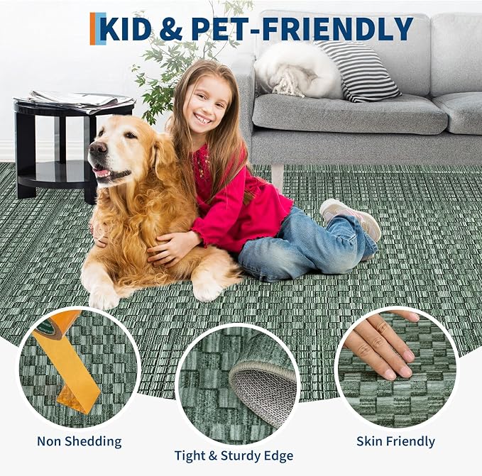 Washable Rugs 10x13 Rug for Living Room Modern Bedroom Rug Aesthetic Green Large Area Rug Non Slip Throw Rugs Soft Low Pile Stain Resistant Carpet for Dining Room 10'x13' Green