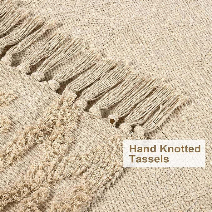 Uphome Boho Hallway Runner Rug 2' x 6', Khaki Cotton Washable Bathroom Rug Runner with Tassels, Hand Woven Tribal Kitchen Runners, Morrocan Accent Throw Carpet for Laundry Porch Bedroom Living Room