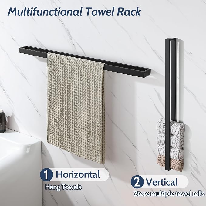 Sayayo Matte Black Towel Bar for Bathroom, 31.5 Inch Hand Towel Holder Wall Mount Square Towel Ring SUS304 Stainless Steel Towel Rack
