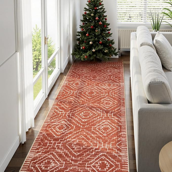 Wonnitar Moroccan Runner Rug, Washable 2'6"x10' Long Runner Rug for Hallway, Boho Farmhouse Non-Skid Kitchen Bathroom Runner Soft Low Pile Carpet for Entryway Laundry Living Room (Brown,2'6"x10')