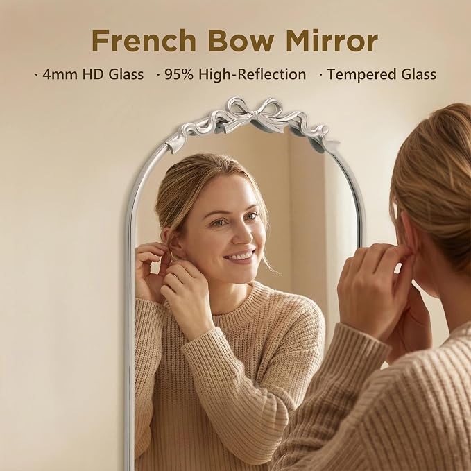 Besdomus Arched Mirror Full Length: 21"x56" Bow Champagne Silver Large Floor Standing Mirror - Antique Baroque Traditional Ornate for Entryway/Cloakroom/Bedroom - Home Decor for Fashion-Conscious