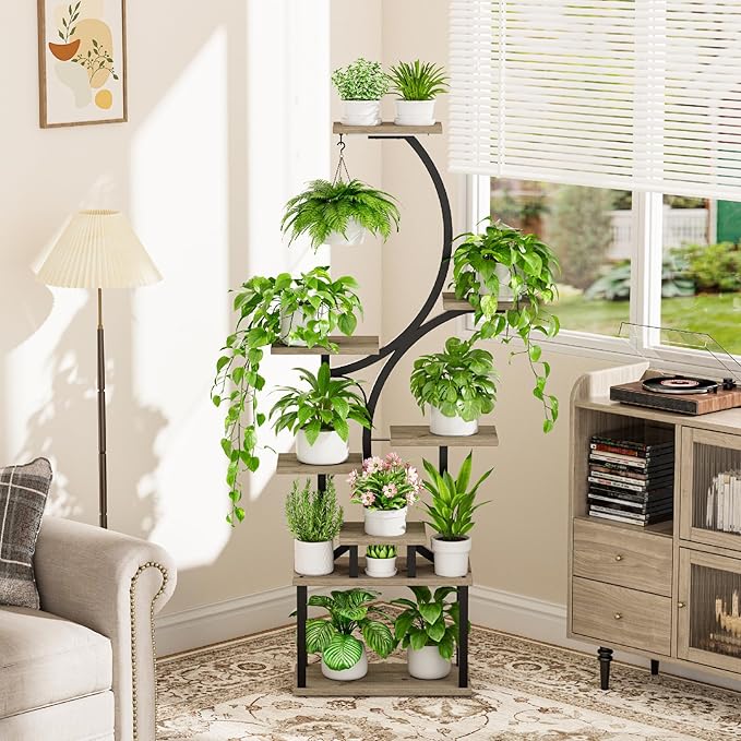 Plant Stand with Grow Lights for Indoor Plants, 8-Tiered Tall Corner Plant Shelf with Full Spectrum Light, S-Shaped Space-Saving Narrow Flower Holder, Anti-Tip for Living Room Bedroom Office, Grey