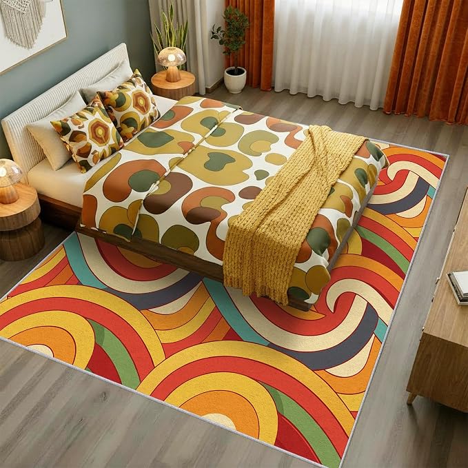70s Retro Rug 7x9 Abstract Striped Groovy Hippie Pattern Area Rugs for Living Room, Bedroom, 70s Retro Home Decor Accessories Indoor Carpet, Non Slip & Machine Washable, GD0330