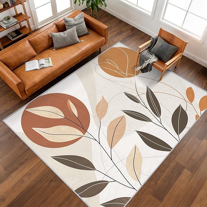 5x8 Abstract Leaves Rugs for Bedroom Decor, Washable Mid Century Modern Pattern Area Rug, Living Room Home Decoration, Non Slip Soft Thin, Modern Botanical Decor Carpet PF-P 117