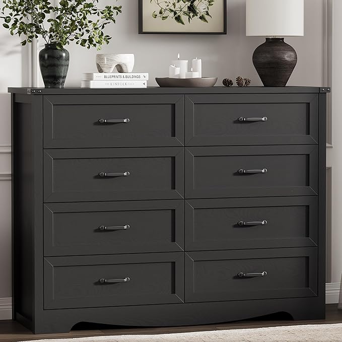 Dresser for Bedroom with 8 Drawers, 54" Wide Wood Chest of Drawers with Deep Drawers & Mental Handle, Modern Dresser TV Stand, Wooden Closet Storage Organizer for Living Room, Hallway, Entryway, Black