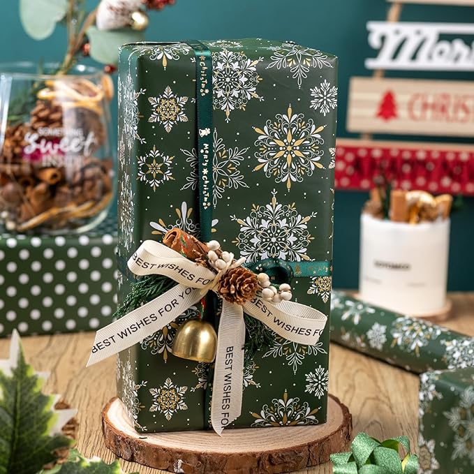 MAYPLUSS Christmas Wrapping Paper Roll - 17IN X 33FT - Green Gift Wrapping Paper Featuring Snowflake Against Dark Green Reversible Polka Dot for Kids, Holiday, New Year