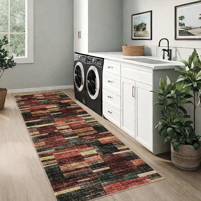 Washable Runner Rug for Hallway 2x6 Runner Non Slip Kitchen Rugs Modern Entryway Rug Farmhouse Soft Bathroom Rugs Stain Resistant Carpet for Laundry Bedroom 2'x6' Red