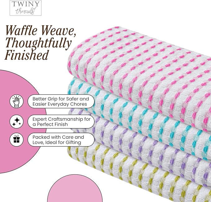 TWINY threads Multicolors White Waffle Towels 4 Pack, 16x26 Inches Absorbent Waffle Weave Kitchen Dish Cloth Set, Soft, Durable & Machine Washable Tea Towel, Rose Pink, Aqua Blue, Lavender, Green