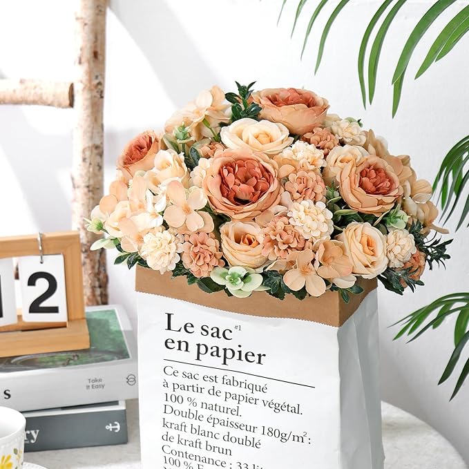 4 Bundles Champagne Peonies Artificial Flowers Silk Flower Centerpieces for Tables Fake Flower Arrangements Mixed Roses Hydrangea with Stems for Wedding Bridal Bouquets Home Table Decor
