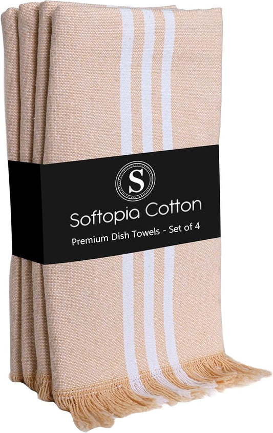 Prewashed Stripe Kitchen Towels 4 Pack, 16x26 Inches, 100% Cotton, Dish Towels for Kitchen Drying, Reusable Tea Towels, Absorbent Wash Cloths, Quick Dry and Machine Washable - Beige