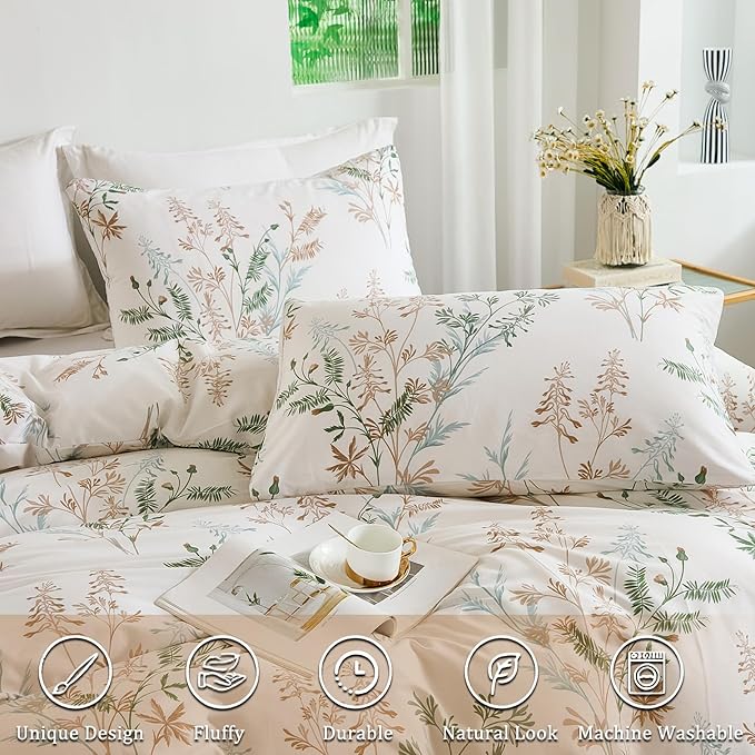 100% Cotton Duvet Cover King Size Ultra Soft Green Floral Comforter Cover with Luxurious Tan & Green Leaves on White, Reversible Lightweight Floral Duvet Cover Sets