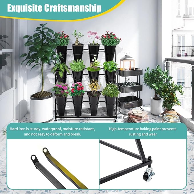 3 Layers Flower Display Stand with 12PCS Buckets Moving Fresh Flower Rack Metal Florist Bouquet Shelf with Wheels Flower Display Stand for Indoor Living Room Florist,39.3*19.6*43.3inch,Black