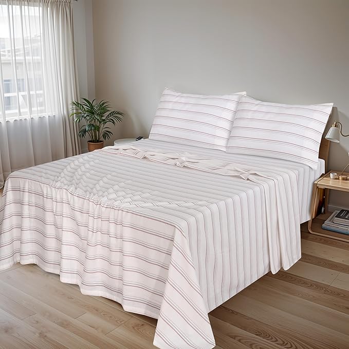RUVANTI Flannel Sheets Queen Size - 100% Cotton Double Brushed Bed Sheets, Deep Pockets 16 Inches Queen Sheet Set, All Seasons Breathable & Extra Soft - Warm & Cozy, 4 Piece, Twill Stripe