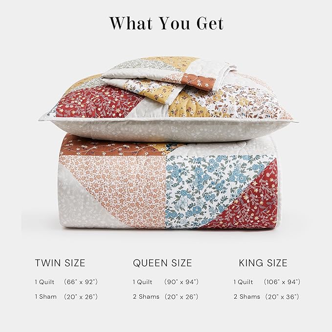 Quilt Set Twin Size, Patchwork Burnt Orange Floral Quilt Sets, Reversible Bedspread Lightweight and Breathable for All Seasons, Soft Quilted Bedspread with 1 Pillow Sham