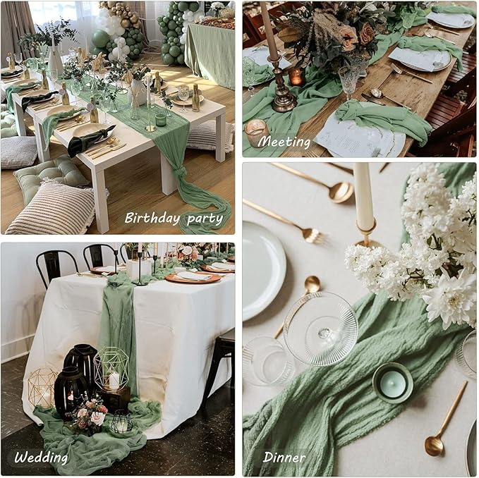 12 Pack 10Ft Cheesecloth Table Runner 35x120 Inch Boho Gauze Table Runner Cheese Cloth Long Romantic Table Runners for Wedding Bridal Shower Birthday Party Table Decor (Dusty Sage Green)