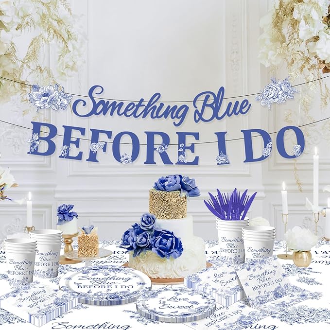 142PCS Something Blue Before I Do Bridal Shower Decorations Bridal Shower Party Favors for 20 Guests Blue Floral Plates and Napkins Tableware Set for Wedding Engagement