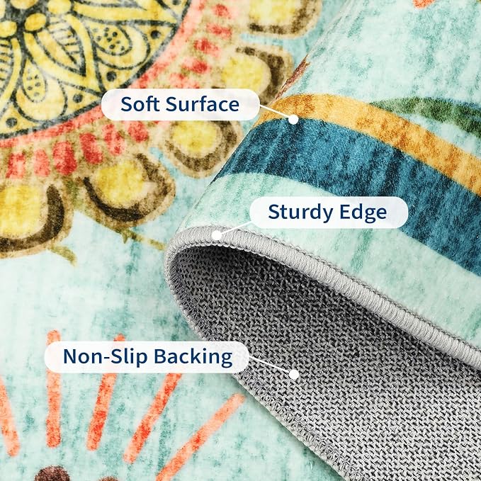 Washable 4x6 Small Area Rug for Living Room Boho Floral Soft Bedroom Rug Non Slip Office Rugs Low Pile Kitchen Small Carpet Stain Resistant Throw Rug for Bedside Kids Room Dining Room, Blue