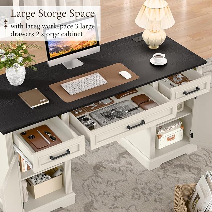 Vabches Computer Desk with File Drawer,Rustic Executive Desk with Drawers Wood Office Desk with Ample Storage Drawers,Farmhouse Large Home Wrting Desk with Drawers for Bedroom,White