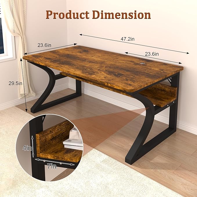 AZN Computer Desk, 47'' Computer Desk, Home Office Desks w/Storage, Home Office Desks w/U-Size Metal Frame for Home Office Bedroom, Study Writing Work Table w/Water-Resistant, Scratchproof Surface