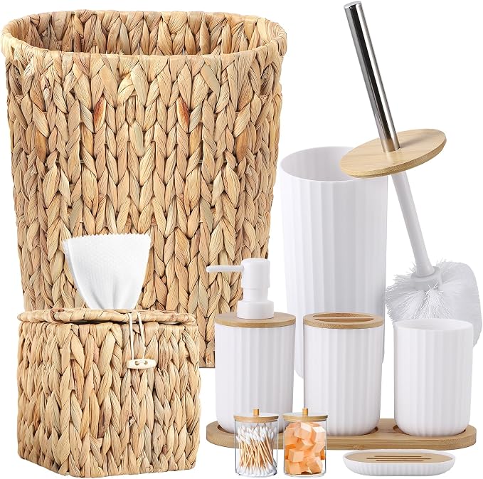 Bathroom Accessory Set, 10 Pieces Bath Set- Wicker Trash Can Tissue Box Soap Dish Toothbrush Holder Rinse Cup Lotion Bottle Toilet Brush Qtip Holder - Practical Bathroom Decor Sets (White, Bath Set)